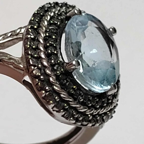 3.10ct Blue Topaz w/ .01ctw Round Black Diamond Accent Rhodium over Silver ring - Picture 3 of 13